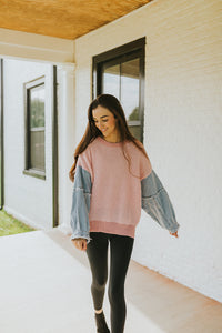 Aurora Frayed Denim Sleeve Sweater