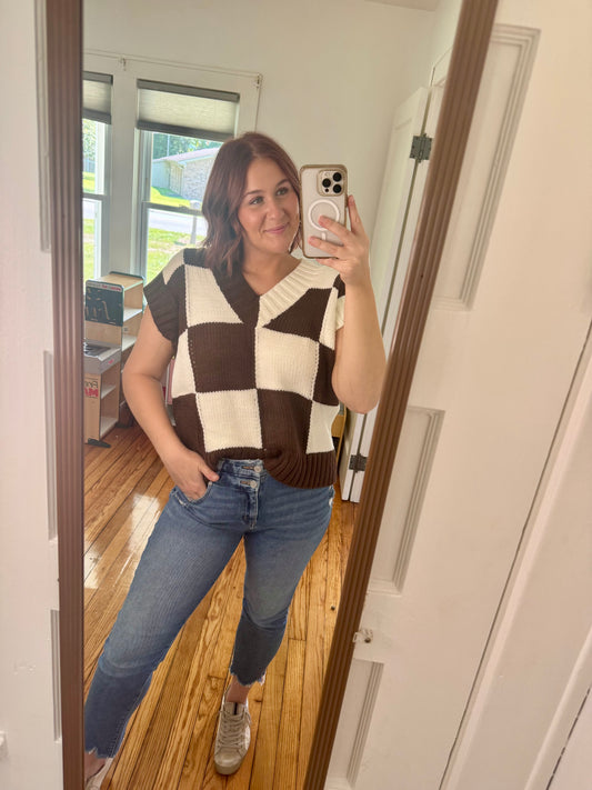 Brown and White Checkered Sweater Vest
